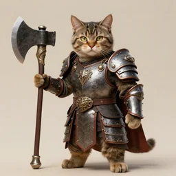 anthropomorphic cat in heavy armor wielding an axe