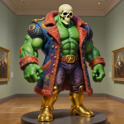 gigachad green muscular being, skull head, wearing a casino-themed multicolored coat, golden leg,, painting in the museum, highly detailed, sharp focus, digital painting, artwork by Kinkade, gigachad