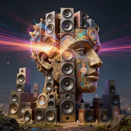 highly detailed surreal vfx portrait of a 3 d landscape of stacks of recursive speakers forming a human head, a giant speaker, polyphonic ecstacy, vibrant vibrations, pulse projections, sonic power, ornate, hyperrealistic, octane render, chiaroscuro, inspired by james jean, android jones, beeple, rhads, alphonse mucha, frostbite 3 engine