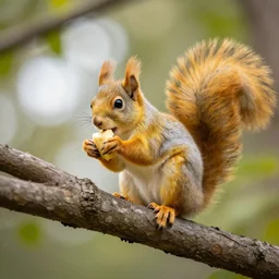 yellow squirrel on a tree branch eating bananas, dslr, 4k, telephoto, f1.8, shallow depth of field