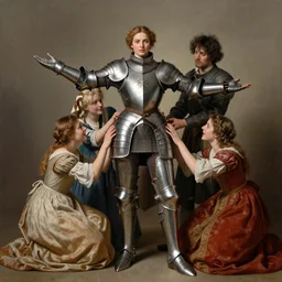 dynamic fullbody portrait of a beautiful!!! female knight with open arms, two young maids are helping her don the bracers of her armor, renaissance dresses and mood, by greg rutkowski and gaston bussiere and craig mullins and j. c. leyendecker