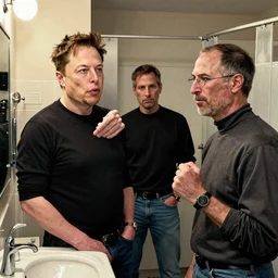 A beautiful, stunning, extremely detailed comic book illustration by John Higgins showing Elon Musk and Steve Jobs doing lines in a Hollywood bathroom