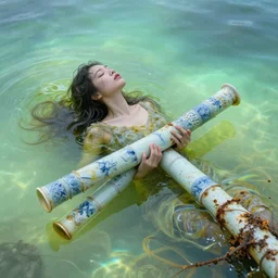 a woman buried in oil and crossed by delicate porcelain rusty pipes in a glowing iridiscent lake, sigma, 2 4 mm