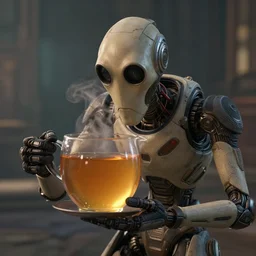 photo of glados drinking tea, realistic, sharp focus