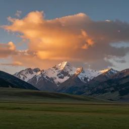a beautiful fantasy landscape art, orange clouds, blue sky and green grassland, snowy mountains