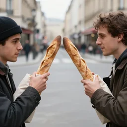 closeup portrait of people fighting baguettes in a paris street, by Steve McCurry and David Lazar, natural light, detailed face, CANON Eos C300, ƒ1.8, 35mm, 8K, medium-format print