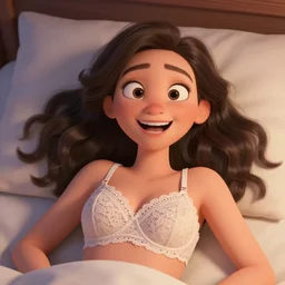 cassandra cain wearing a lace bra!!!! laying in bed!!!, giggling, beautiful face!!!!, 2 7 years old, cg animation, lifelike, animated, realistic, by artgerm, greg rutkowski, 3 d