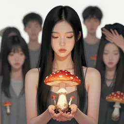 pretty chinese girl holds hallucination mushroom : : by martine johanna and simon stalenhag and chie yoshii and casey weldon and wlop : : ornate, dynamic, particulate, rich colors, intricate, elegant, highly detailed, centered, artstation, smooth, sharp focus, octane render, 8 k