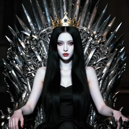 a beautiful black haired woman with pale skin and a crown on her head sitted on an intricate metal throne, sharp focus, 8 k, cg, style by andy warhol