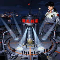 Concept Art Illustration of neo-Tokyo Maximum Security Bank, in the Style of Akira, Syndicate Corporation, Anime, Dystopian, Highly Detailed, Helipad, Special Forces Security, Blockchain Vault, Searchlights, Shipping Docks, Inspired by MGS2 + Ghost in the shell SAC + Cowboy Bebop :2 by Katsuhiro Otomo : 8