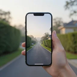 Beautiful cameraphone, soft liminal estate road at early morning, hedge