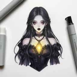 copic marker art of elegant gothic girl with glowing pendant, digitally coloured, by caestrad, collin estrada, instagram, deep blacks, high contrast, artstation, highly detailed, confident, textured, artgerm