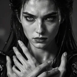 epic masterpiece wrath, drama, sweaty skin, hyperrealistic, octane render, cinematic, beautiful face and flawless skin, perfect hands, 5 fingers,  black and white by Michael Whelan, Legends of Runeterra