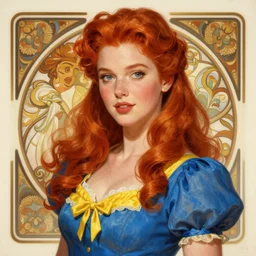 digital character concept art by artgerm and greg rutkowski and alphonse mucha. clear portrait of a pin - up young wife, redhead, blue and yellow clothes, light effect. hyper detailed, intricate, elegant, digital painting, artstation, smooth, sharp focus