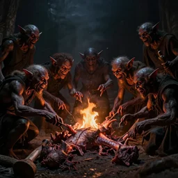 medieval art of dark goblins feasting on carcasses, hyperrealistic, dramatic lighting, dante's inferno, scary, firelight, evil, dramatic lighting