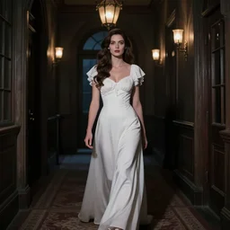 Halloween color film, Scene where a beautiful woman in white is walking dark hallway in old mansion at midnight , view from front