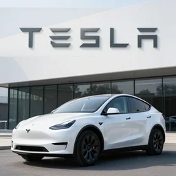 tesla's new car model. aggressive lines. suv. parked in front of tesla's headquarters. building. beautiful. futiristic.