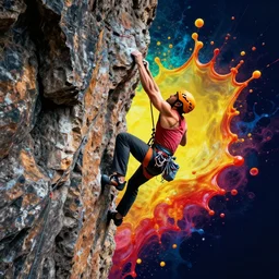 extreme rock climbing splash art graphic design color splash high contrasting art, fantasy, highly detailed, art by greg rutkowski