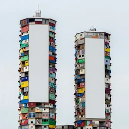 two towers, made up of colourful makeshift squatter shacks, large vertical blank spaces, dystopia, sony a 7 r 3, f 1 1, fully frontal view, photographed by jeanette hagglund