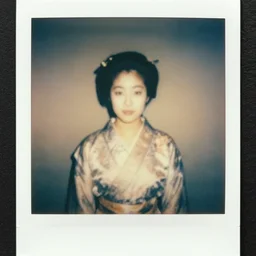Polaroid of a young female japanese folk singer, very hazy, faded, 1976