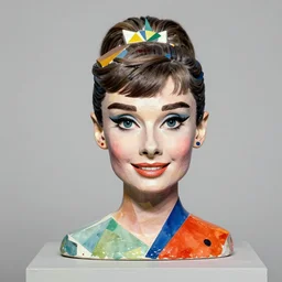 beautiful studio photograph of colorful abstract geometric postmodern portrait sculpture of audrey hepburn smiling, made of watercolor - painted plaster on a pedestal by ron mueck and matthew barney and greg rutkowski, hysterical realism intense cinematic lighting shocking detail 8 k