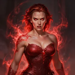 angry muscular scarlett johansson as mage, glowing red iris, magical red aura, d & d, fantasy, intricate, elegant, highly detailed, digital painting, artstation, concept art, smooth, sharp focus, illustration, art by artgerm and greg rutkowski and alphonse mucha