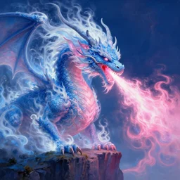 a huge fire breathing dragon breathing blue white and pink flames, pink fire from its mouth, surrounded by blue white and pink fire on a cliff, dragon breath, hyperrealistic, highly detailed, intricate, elegant, smooth, dnd, fantasy illustration, 4 k, cgsociety, artstation, oil painting by sandara tang, greg rutkowski, artgerm, wlop
