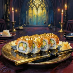 sushi dinner in a fancy restaurant. gouache and gold paint, gothic horror, limited but vibrant palette, backlighting, depth of field.