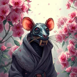 retro biomechanical rat in vintage death beath mask, infested tattered robe, giant orchid roses forest, pixiv fanbox, dramatic lighting, maximalist pastel color palette, splatter paint, pixar and disney concept, graphic novel by fiona and dustin nguyen, peter elson, alan bean, wangechi mutu, clean cel shaded vector art, on artstation