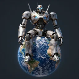 a giant robot sitting on the whole planet earth, fantasy art