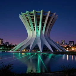 unfinished building by oscar niemeyer, retro uv light tundra thermal vision laser wilderness lake retrowave sci - fi vice city, archdaily, wallpaper, highly detailed, trending on artstation.