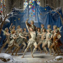 polovstian dances and chorus, tiny faeries, butterflies, dry trees, winter blue drapery, very light snow, sunlight from a stainedglass window, icicles, stoic, light dust, magnificent, hyperdetailed, theatrical, close up, masterpiece, painted by jean honore fragonard and greg rutkowski