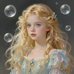 portrait of magical little blond girl, dreamy and ethereal, blue eyes, peaceful expression, ornate frilly dress, fantasy, intricate, elegant, rainbow bubbles, highly detailed, digital painting, artstation, concept art, smooth, sharp focus, illustration, art by artgerm and greg rutkowski and alphonse mucha