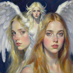 a close up gouache painting portrait of emma roberts krysten ritter as the angel of the apocalypse in the style of horizon zero dawn, by victo ngai, by odilon redon, by delphin enjolras, by hikari shimoda,.