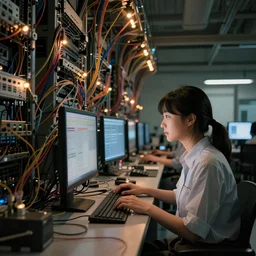 Lain Iwakura in computer science laboratory working on main frame computer surrounded by thousand of wires and led lamps