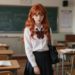magical and mystical, illustrious makinami, school girl with red hair waiting on a classroom, octane render, rembrandt, cgsociety, artstation trending, highly detailded