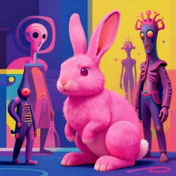rabbit groot pink vivid colors by artstation, deviantart, artfol, artbox, cgsociety, gfxartist, artful, zatista, artpal, instagram, blendernation, frank stella, beeple, giger, kopera, zawadzki, abstract, surrealism, hyperrealism, futurism 4 k, octane
