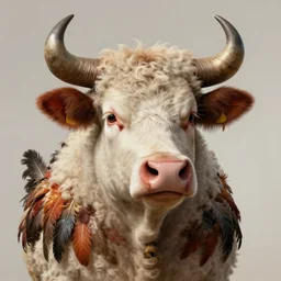 a hyper detailed full face portrait of a anthropomorphic joaquin!!!!!!! phoenix!!!!!!! as the king of animals, ( ( cow ) ) horns, ( ( ( pig nose ) ) ), sheep wool, chicken! feathers!!!, horror, by anna podedworna, by miklos ligeti, by diego mar