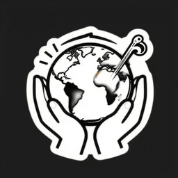 a logo of hands, earth, musical instrument, color palette, lineart, black and white, vector