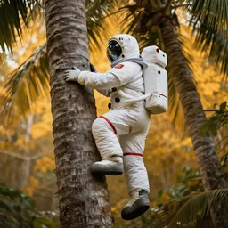 a cosmonaut in a spacesuit climbing a coconut tree, ultrarealistic, cinematic, artstation, the autumn light comes in through, diffuse light, octane render, 4 k, matte painting