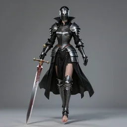 full portrait, female vampire knight in black heavy armor, well - protected, metal mask, tall gladiator sandals, barefoot, giant two - handed sword covered in blood, enchanting, mysterious, elegant, levitating, good lighting, realistic proportions, reasonable fantasy, ghostblade, wlop
