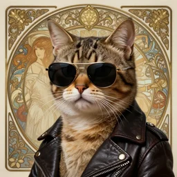 a cat wearing sunglasses and a leather jacket, photography of kurzgesagt, deep focus, d & d, fantasy, intricate, elegant, highly detailed, digital painting, artstation, concept art, matte, sharp focus, illustration, hearthstone, art by artgerm and greg rutkowski and alphonse mucha