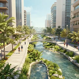 an optimistic futuristic pedestrian city with landscaped streams, idyllic crossing bridges, by eddie mendoza