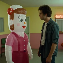 still from a 1 9 8 8 david lynch film about a depressed housewife wearing an inflatable cartoon face as she meets a handsome younger man in a seedy motel