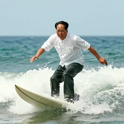 cinematic shot of mao zedong surfing in hawaii, 8 k, very detailed, very intricate,