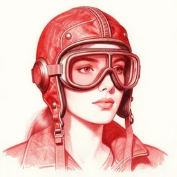 woman wearing loose leather aviator helmet and googles, drawn by jean giraud and moebius, red on red, red tones, detailed drawing, flat colors