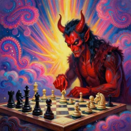 [ style ] [ sharp details ] [ gorgeous oil painting ] [ palate ] [ gothic colors ] lucifer playing chess 👹, checkmate the devil, vibrant paisley neon clouds, radiant light rays, symmetrical details, sharp focus,, hyper realistic, photorealistic painting, award winning painting, volumetric lighting, artstation,