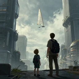 a man and his son are looking up, as flying sailboats fly between the buildings, solarpunk, intricate, concept art, artstation, by greg rutkowski, dramatic lighting