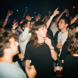 crowded party, motion blur, flashing lights, drunk