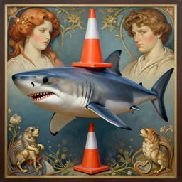 great white shark with an orange traffic cone instead of a fin - ron cheng & alphonse mucha, highly detailed, digital painting, ray tracing, concept art, illustration, smooth sharp focus, intricate, symmetry, artstation,